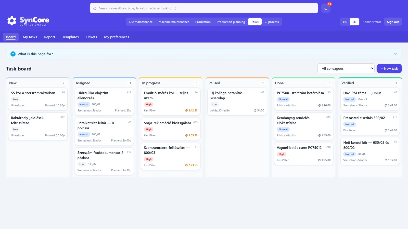 Task Kanban board with columns and owners.